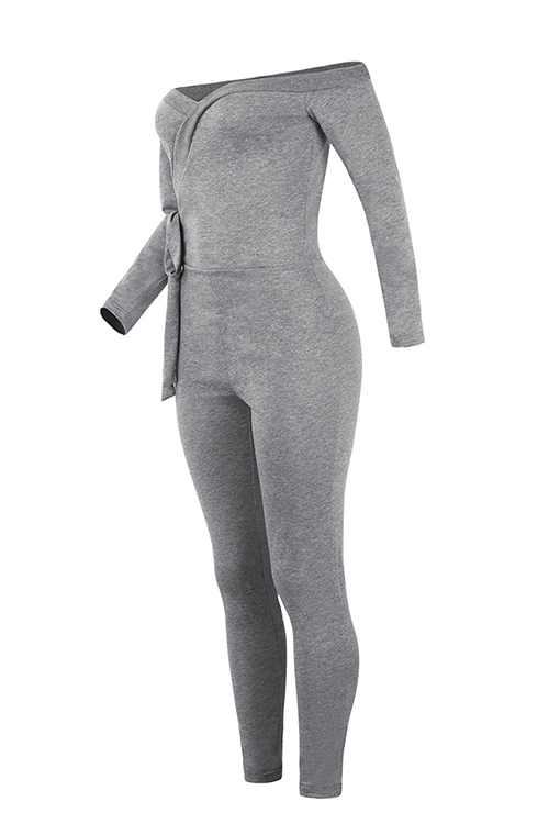  Sexy V Neck Lacing Design Light Grey Cotton Blends One-piece Jumpsuits