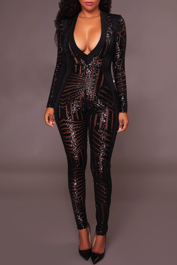  Sexy V Neck See-Through Black Polyester One-piece Skinny Jumpsuits