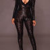  Sexy V Neck See-Through Black Polyester One-piece Skinny Jumpsuits