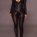  Sexy V Neck See-Through Black Polyester One-piece Skinny Jumpsuits