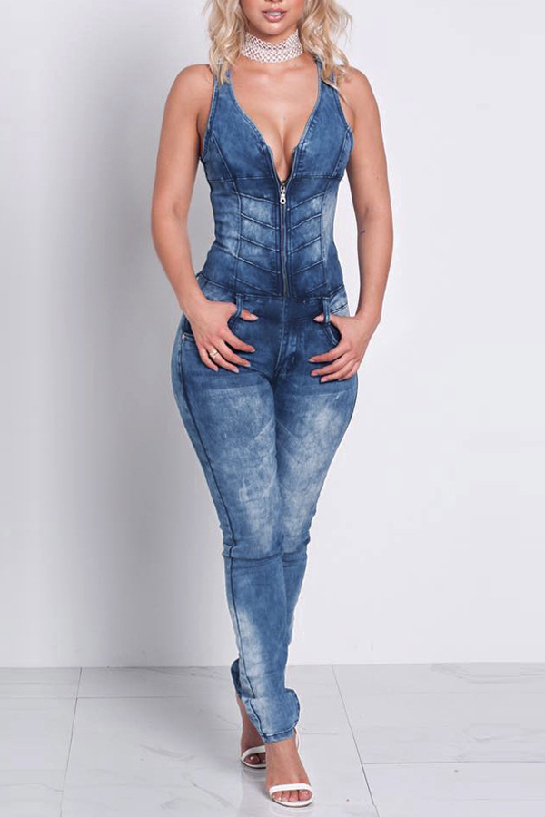  Sexy V Neck Zipper Design Blue Denim One-piece Jumpsuits