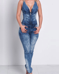  Sexy V Neck Zipper Design Blue Denim One-piece Jumpsuits