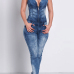  Sexy V Neck Zipper Design Blue Denim One-piece Jumpsuits