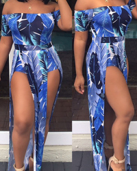  Stylish Bateau Neck Side Slit Feather Printed Blue Polyester One-piece Jumpsuits