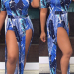  Stylish Bateau Neck Side Slit Feather Printed Blue Polyester One-piece Jumpsuits