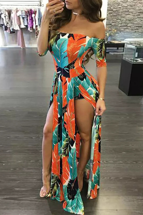  Stylish Bateau Neck Side Slit Feather Printed Green Polyester One-piece Jumpsuits