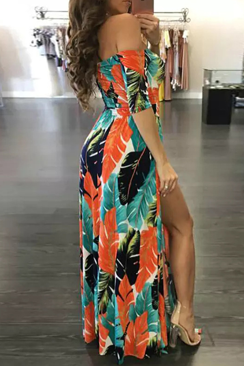  Stylish Bateau Neck Side Slit Feather Printed Green Polyester One-piece Jumpsuits