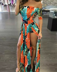  Stylish Bateau Neck Side Slit Feather Printed Green Polyester One-piece Jumpsuits