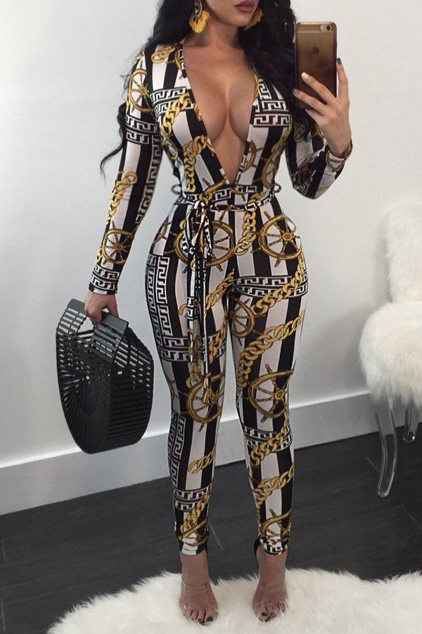  Stylish Deep V Neck Print Polyester One-piece Jumpsuits