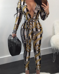  Stylish Deep V Neck Print Polyester One-piece Jumpsuits