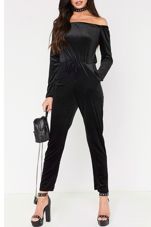  Stylish Dew Shoulder High Waist Black Velvet One-piece Jumpsuits