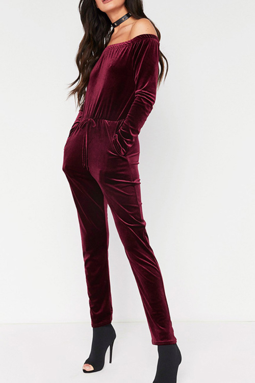  Stylish Dew Shoulder High Waist Red Velvet One-piece Jumpsuits