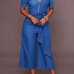  Stylish Dew Shoulder Short Sleeves Zipper Design Blue Denim One-piece Jumpsuits