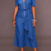  Stylish Dew Shoulder Short Sleeves Zipper Design Blue Denim One-piece Jumpsuits