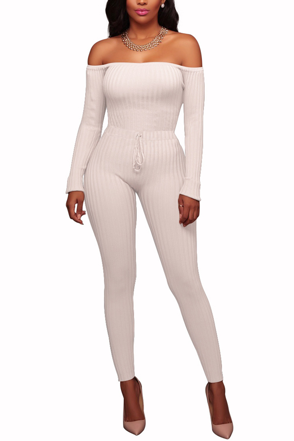  Stylish Dew Shoulder White Polyester One-piece Jumpsuits