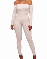  Stylish Dew Shoulder White Polyester One-piece Jumpsuits