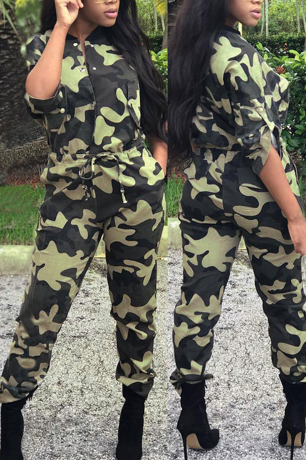  Stylish Round Neck Camouflage Printed Polyester One-piece Jumpsuits