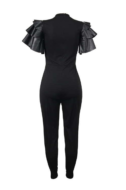  Stylish Round Neck Lotus Leaf Sleeves Lip Patchwork Black Polyester One-piece Jumpsuits