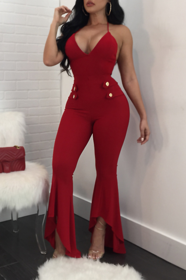  Stylish Spaghetti Strap Falbala Design Red Polyester One-piece Jumpsuits