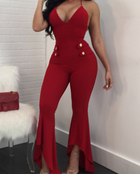  Stylish Spaghetti Strap Falbala Design Red Polyester One-piece Jumpsuits