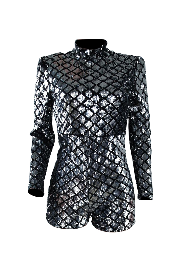  Stylish Turtleneck Sequins Decoration Silver Polyester One-piece Jumpsuits