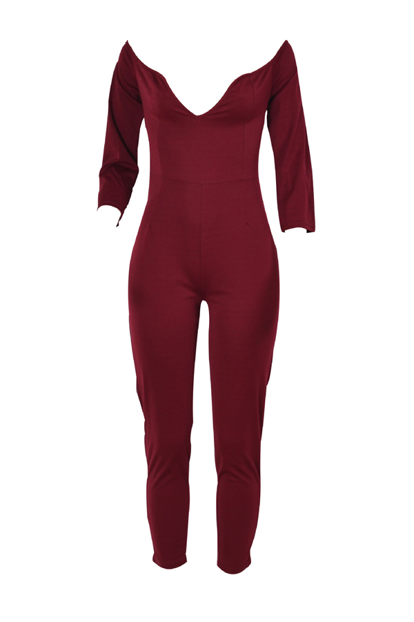  Stylish V Neck Dew Shoulder Jujube-red Polyester One-piece Jumpsuits