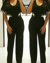  Stylish V Neck Hollow-out Black Cotton Blends One-piece Jumpsuits