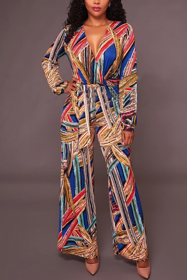  Stylish V Neck Printed Polyester One-piece Jumpsuits