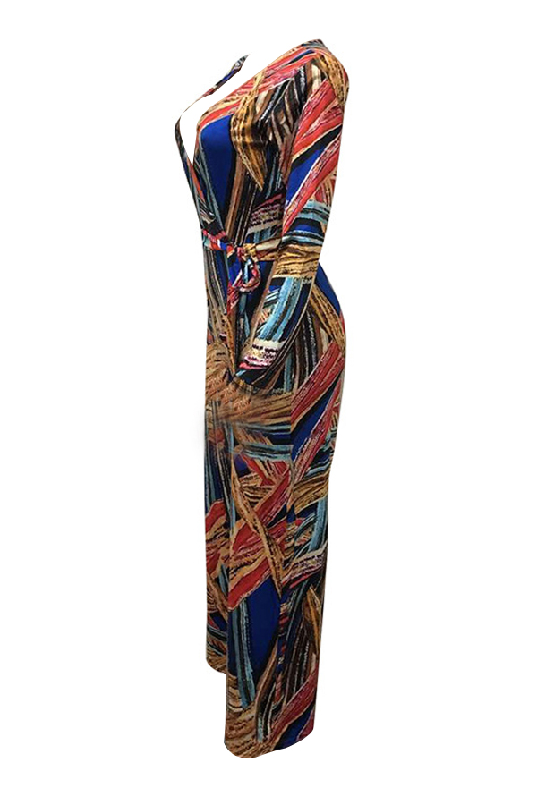  Stylish V Neck Printed Polyester One-piece Jumpsuits