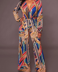  Stylish V Neck Printed Polyester One-piece Jumpsuits