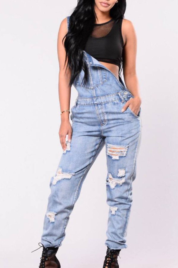  Trendy Broken Holes Baby Blue Denim One-piece Jumpsuits