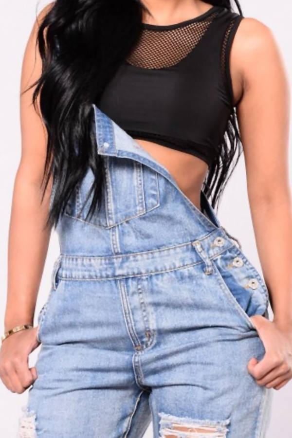  Trendy Broken Holes Baby Blue Denim One-piece Jumpsuits