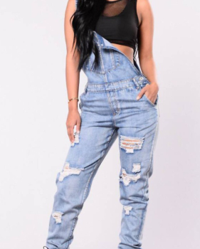  Trendy Broken Holes Baby Blue Denim One-piece Jumpsuits