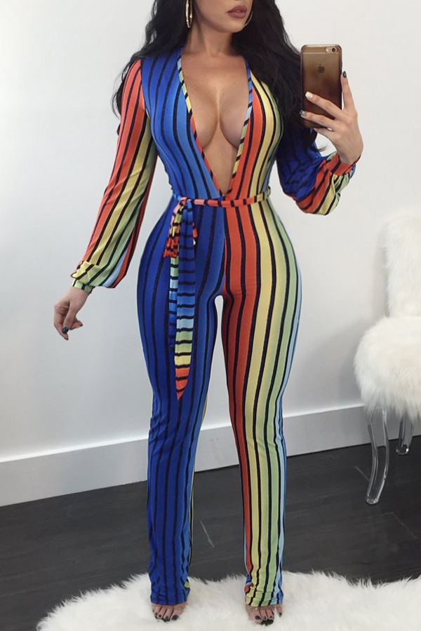  Trendy Deep V Neck Striped Printed Polyester One-piece Jumpsuits