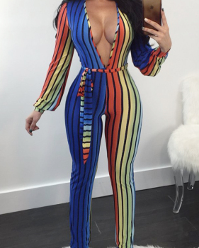  Trendy Deep V Neck Striped Printed Polyester One-piece Jumpsuits