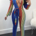  Trendy Deep V Neck Striped Printed Polyester One-piece Jumpsuits