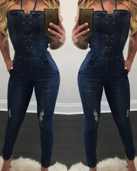  Trendy Dew Shoulder Dark Blue Denim One-piece Jumpsuits