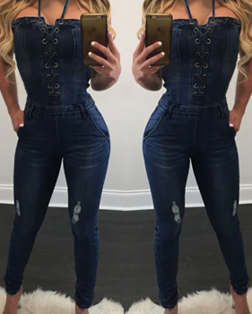  Trendy Dew Shoulder Dark Blue Denim One-piece Jumpsuits