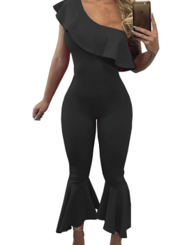  Trendy Dew Shoulder Falbala Design Black Polyester One-piece Jumpsuits