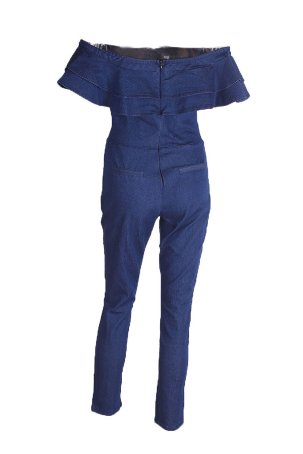  Trendy Dew Shoulder Falbala Design Dark Denim One-piece Jumpsuits