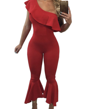  Trendy Dew Shoulder Falbala Design Red Polyester One-piece Jumpsuits