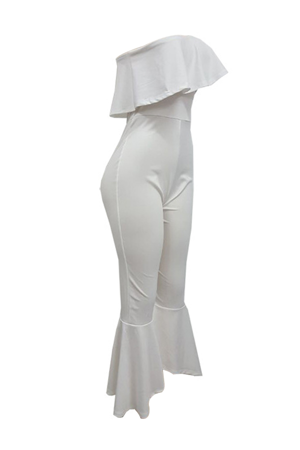  Trendy Dew Shoulder Falbala Design White Polyester One-piece Jumpsuits