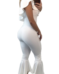  Trendy Dew Shoulder Falbala Design White Polyester One-piece Jumpsuits