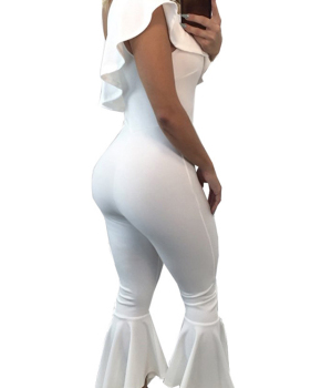  Trendy Dew Shoulder Falbala Design White Polyester One-piece Jumpsuits