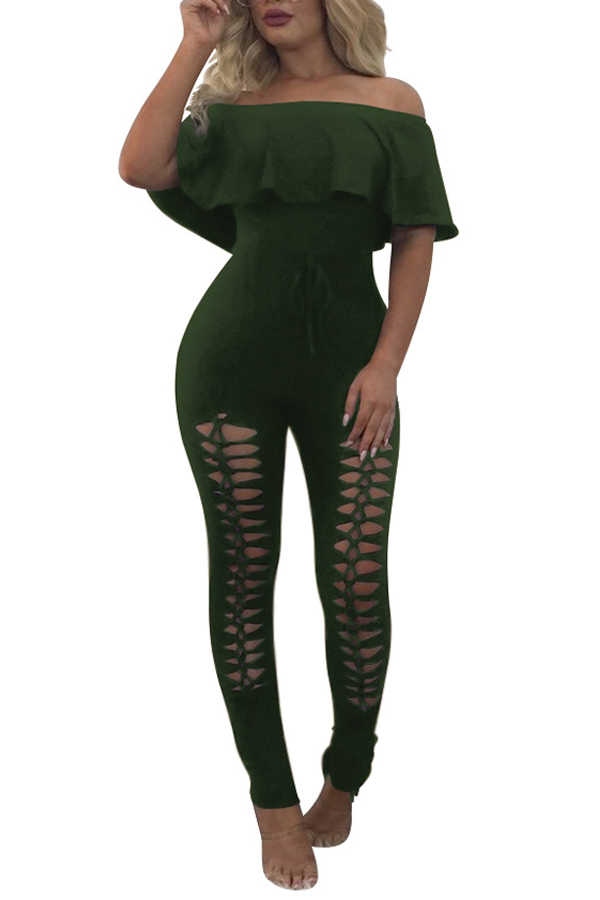  Trendy Dew Shoulder Hollow-out Army Green Polyester One-piece Jumpsuits