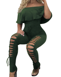  Trendy Dew Shoulder Hollow-out Army Green Polyester One-piece Jumpsuits