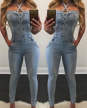  Trendy Dew Shoulder Light Blue Denim One-piece Jumpsuits