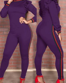  Trendy Round Neck Falbala Design Purple Polyester One-piece Jumpsuits