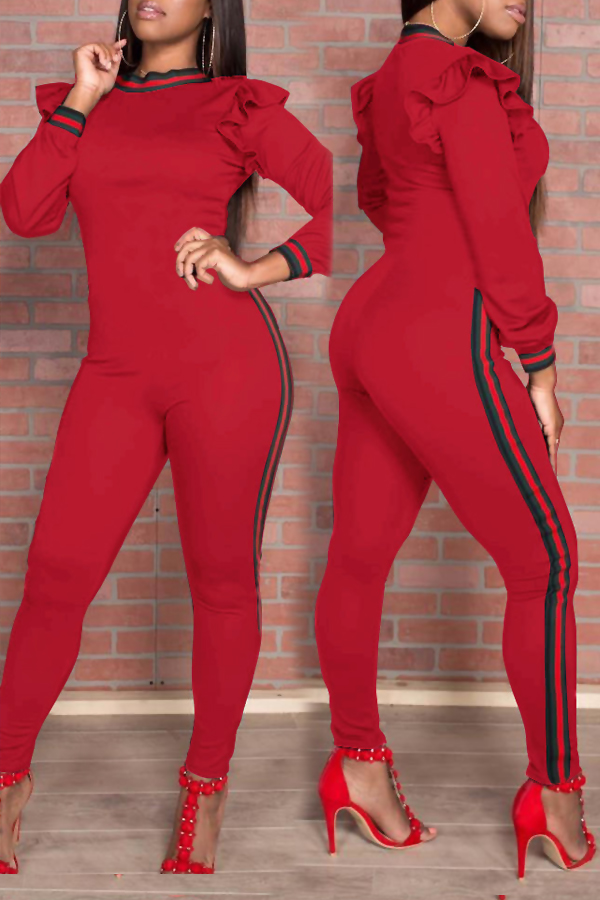  Trendy Round Neck Falbala Design Red Polyester One-piece Jumpsuits