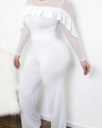  Trendy Round Neck See-Through Ruffle Design White Polyester One-piece Jumpsuits